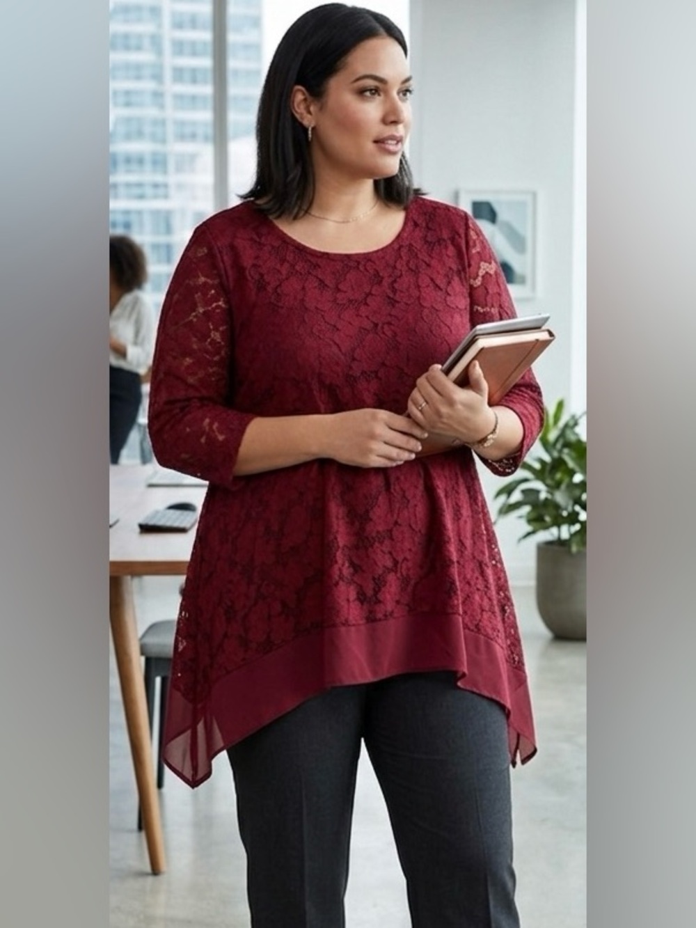 Simply Vera Vera Wang , L, Deep Red Lace Blouse P2P: 20”, EUC